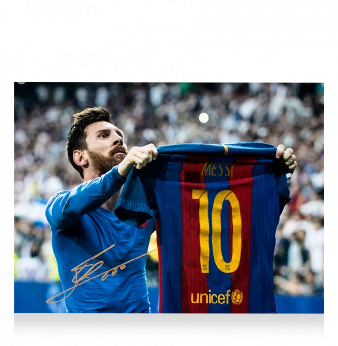 Icons PRE-FRAMED Lionel Messi Official FC Barcelona Signed And Framed Photo: Iconic Clasico Celebration