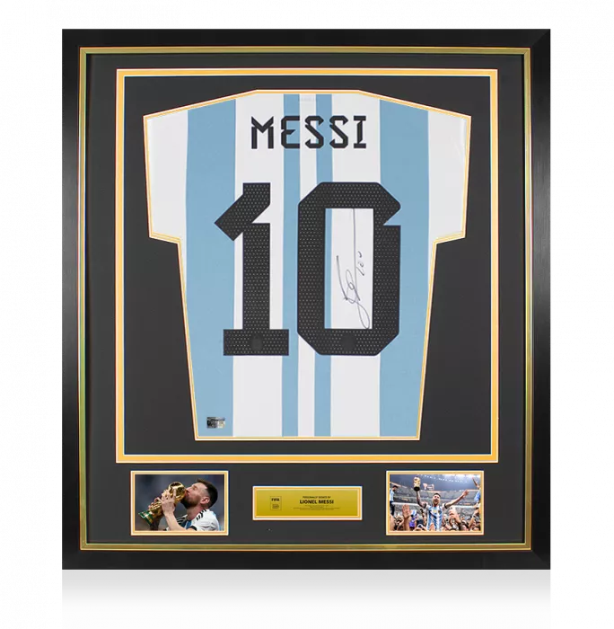 icons PRE-FRAMED Lionel Messi Official FIFA World Cup Back Signed and Framed Argentina 2022 Home Shirt