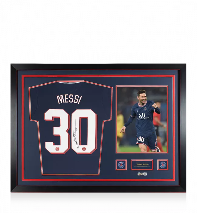 icons PRE-FRAMED Lionel Messi Official Paris Saint-Germain Back Signed and Framed 2021-22 Home Shirt: UEFA Champions League Edition