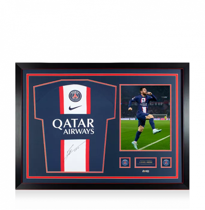 icons PRE-FRAMED Lionel Messi Official Paris Saint-Germain Front Signed and Framed 2022-23 Home Shirt