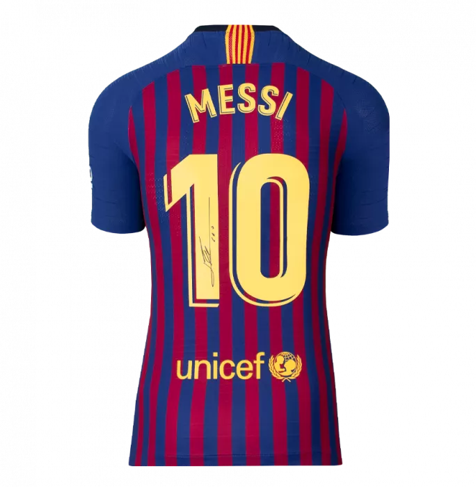 Icons PRE-FRAMED Lionel Messi Official UEFA Champions League Back Signed And Framed FC Barcelona 2018-19 Home Shirt With Fan Style Numbers
