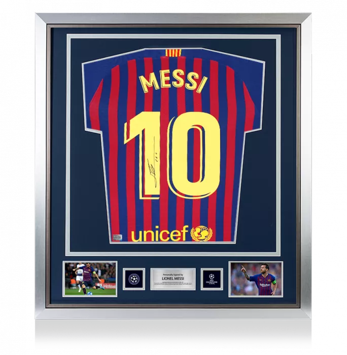 icons PRE-FRAMED Lionel Messi Official UEFA Champions League Back Signed and Framed FC Barcelona 2018-19 Home Shirt with Fan Style Numbers
