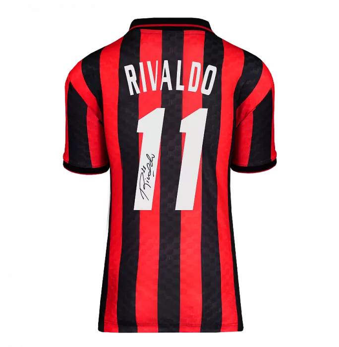 Icons PRE-FRAMED Rivaldo Official UEFA Champions League Back Signed And Framed AC Milan Retro Home Shirt