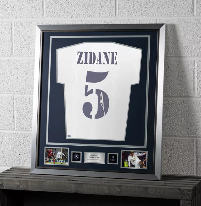 Icons PRE-FRAMED Zinedine Zidane Official UEFA Champions League Back Signed And Framed Real Madrid 2022-23 Home Shirt With Fan Style Numbers