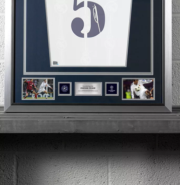 Icons PRE-FRAMED Zinedine Zidane Official UEFA Champions League Back Signed And Framed Real Madrid 2022-23 Home Shirt With Fan Style Numbers