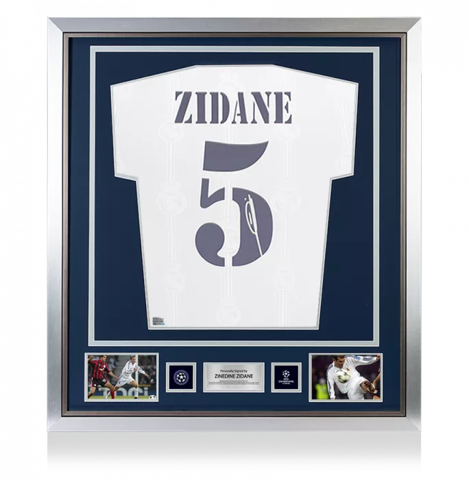 icons PRE-FRAMED Zinedine Zidane Official UEFA Champions League Back Signed and Framed Real Madrid 2022-23 Home Shirt With Fan Style Numbers
