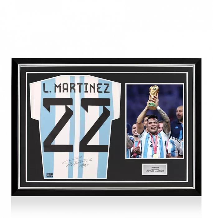 icons PRE-ORDER Lautaro Martinez Back Signed Argentina 2022 Home Shirt with Fan Style Number In Hero Frame: Option 1