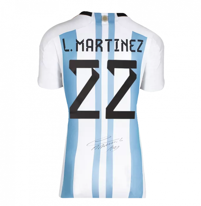 Icons PRE-ORDER Lautaro Martinez Back Signed Argentina 2022 Home Shirt With Fan Style Number In Classic Frame