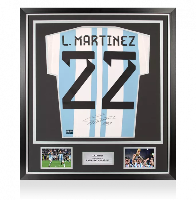 icons PRE-ORDER Lautaro Martinez Back Signed Argentina 2022 Home Shirt with Fan Style Number In Classic Frame