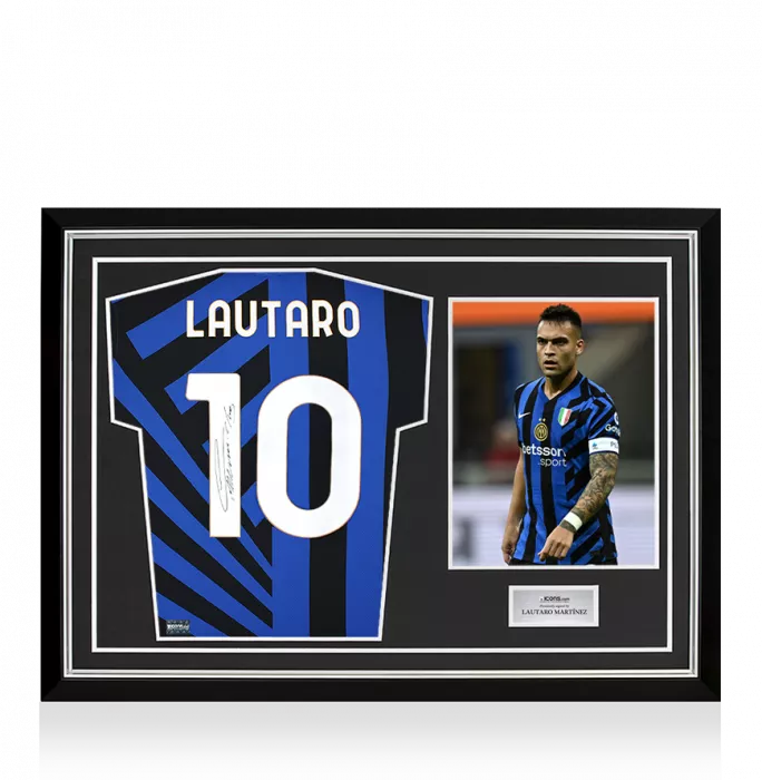 icons PRE-ORDER Lautaro Martinez Back Signed Internazionale 2024-25 Home Shirt with Fan Style Number In Hero Frame: Option 1