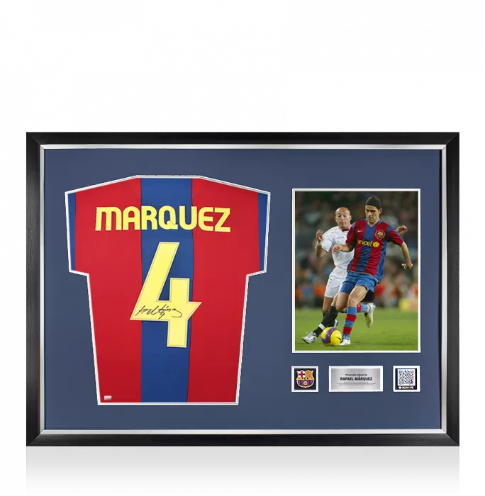 icons Rafael Marquez Official FC Barcelona Back Signed and Framed 2007-08 Home Shirt with Fan Style Numbers