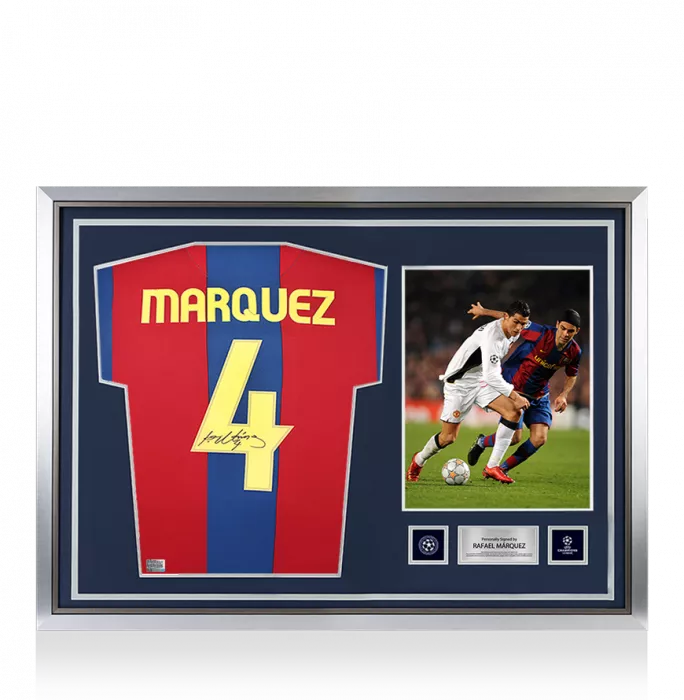 icons Rafael Marquez Official UEFA Champions League Back Signed and Hero Framed FC Barcelona 2007-08 Home Shirt with Fan Style Numbers
