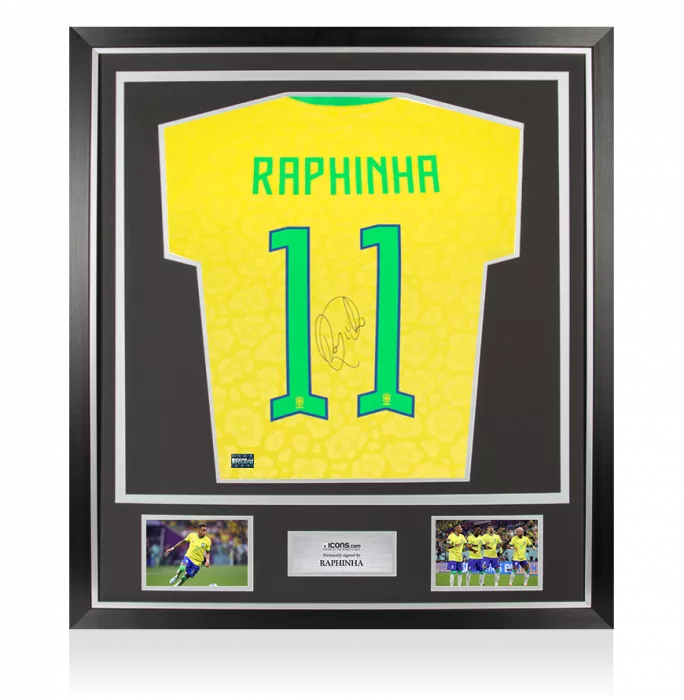 icons Raphinha Back Signed Brazil 2022-23 Home Shirt In Classic Frame