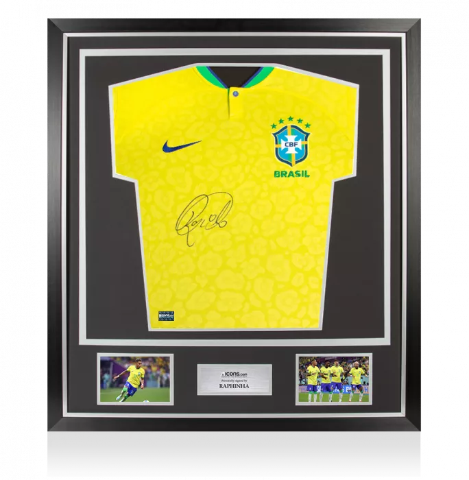 icons Raphinha Front Signed Brazil 2022-23 Home Shirt In Classic Frame