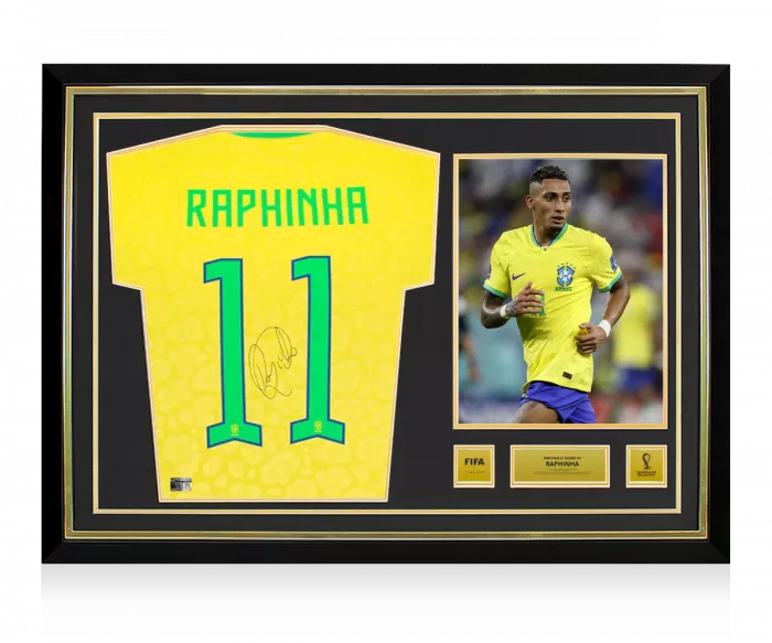 icons Raphinha Official 2022 FIFA World Cup™ Back Signed and Hero Framed Brazil 2022-23 Home Shirt