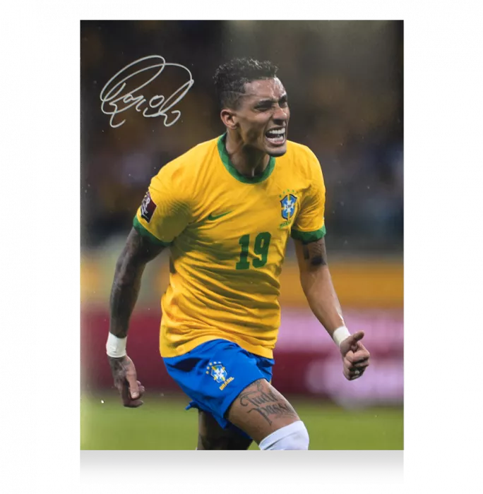 Icons Raphinha Signed Brazil Photo In Black Wooden Frame: Goal Vs Paraguay