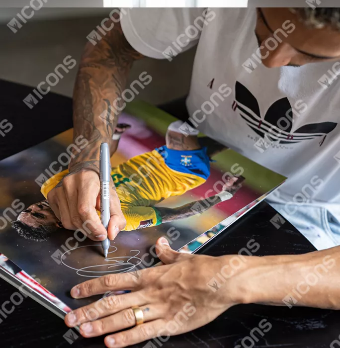 Icons Raphinha Signed Brazil Photo In Black Wooden Frame: Goal Vs Paraguay