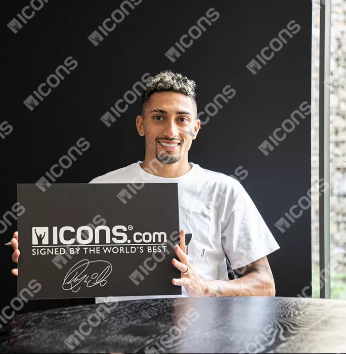 Icons Raphinha Signed Brazil Photo In Black Wooden Frame: Goal Vs Paraguay