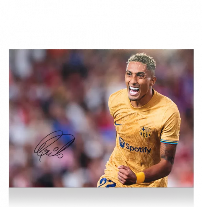 Icons Raphinha Signed FC Barcelona Photo In Black Wooden Frame: Goal Vs Sevilla