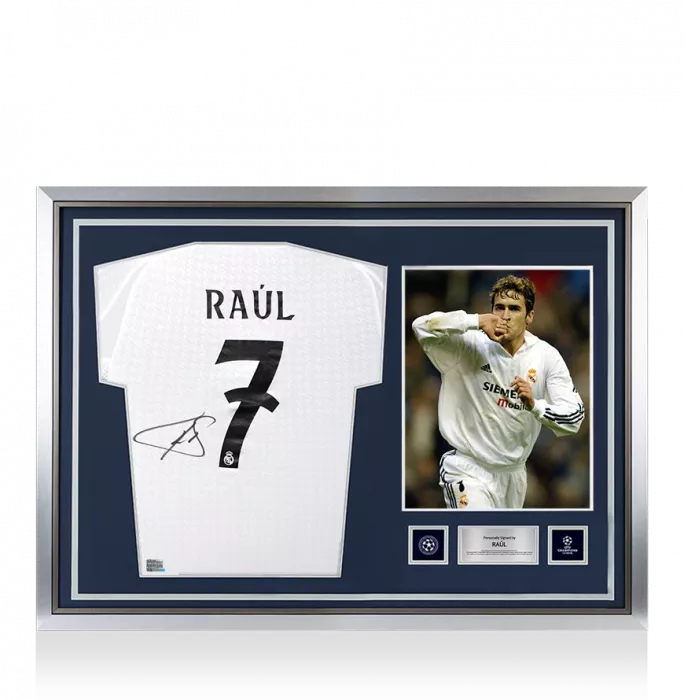 icons Raul Official UEFA Champions League Back Signed and Hero Framed Real Madrid 2024-25 Home Shirt