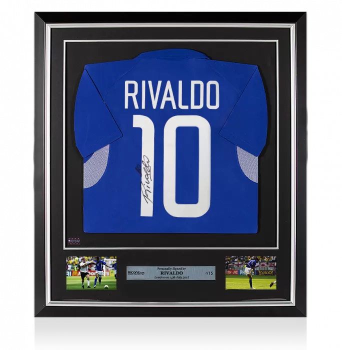 icons Rivaldo Back Signed and Framed Brazil 2002 Away Shirt