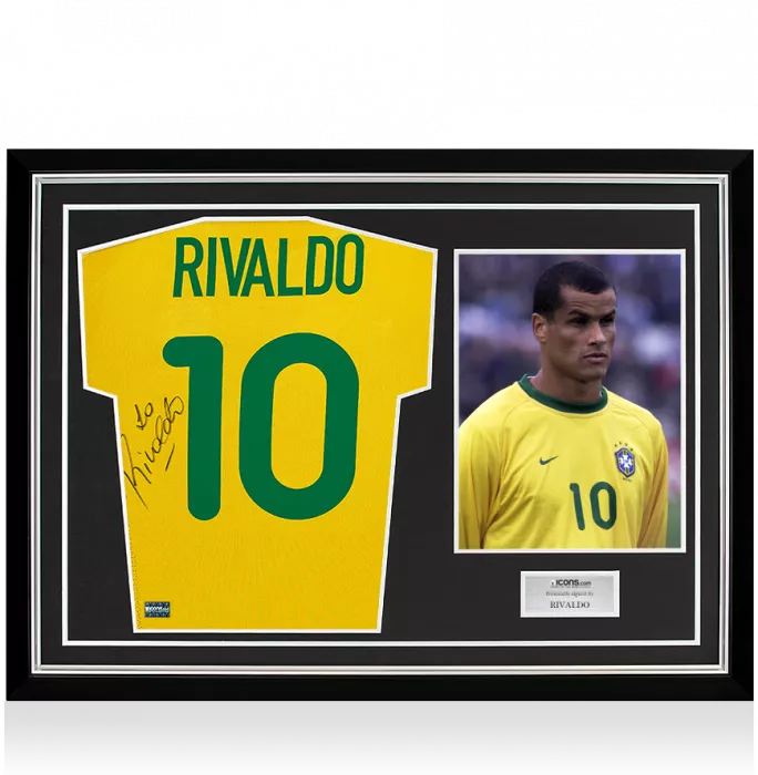icons Rivaldo Back Signed Brazil 2001 Home Shirt In Hero Frame: Option 1