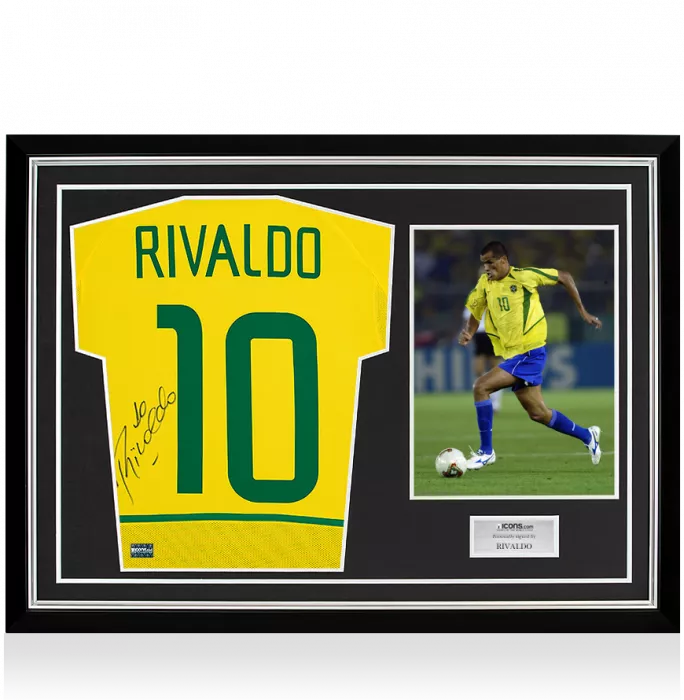 icons Rivaldo Back Signed Brazil 2002 Home Shirt In Hero Frame: Option 1