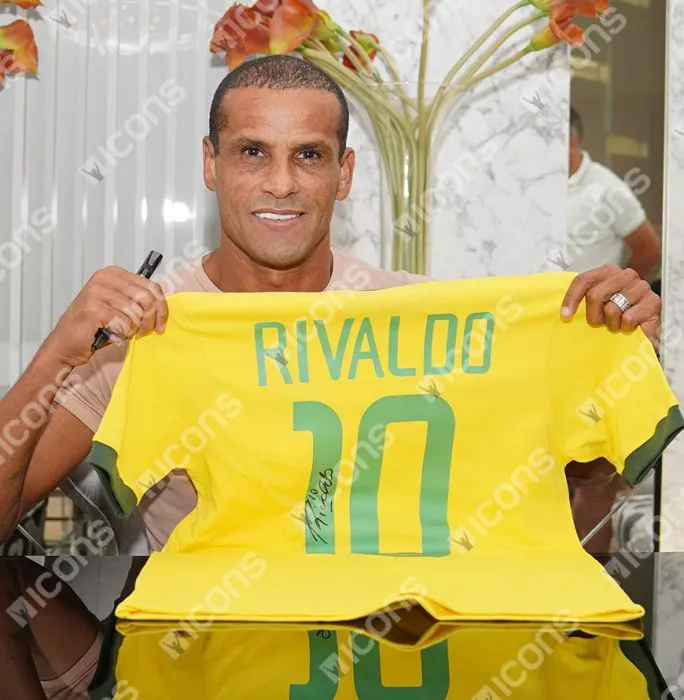 Icons Rivaldo Back Signed Brazil Retro Home Shirt In Classic Frame