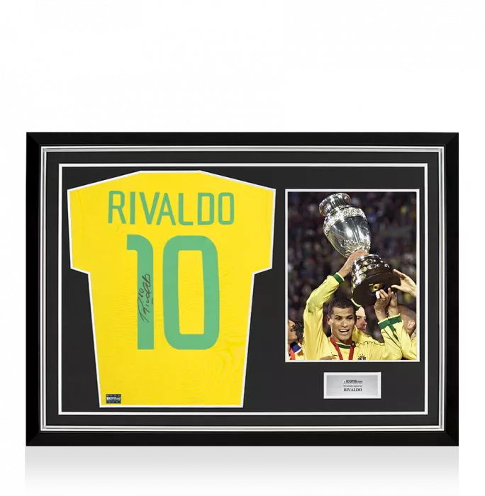icons Rivaldo Back Signed Brazil Retro Home Shirt In Hero Frame: Copa America Edition