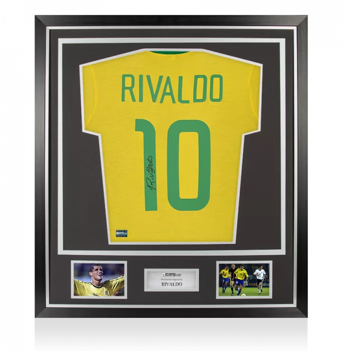 icons Rivaldo Back Signed Retro Brazil Shirt With Fan Style Numbers In Classic Frame