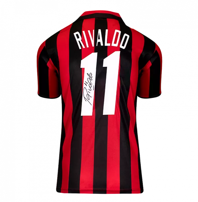 Icons Rivaldo Official AC Milan Back Signed And Framed Retro Home Shirt With Fan Style Numbers