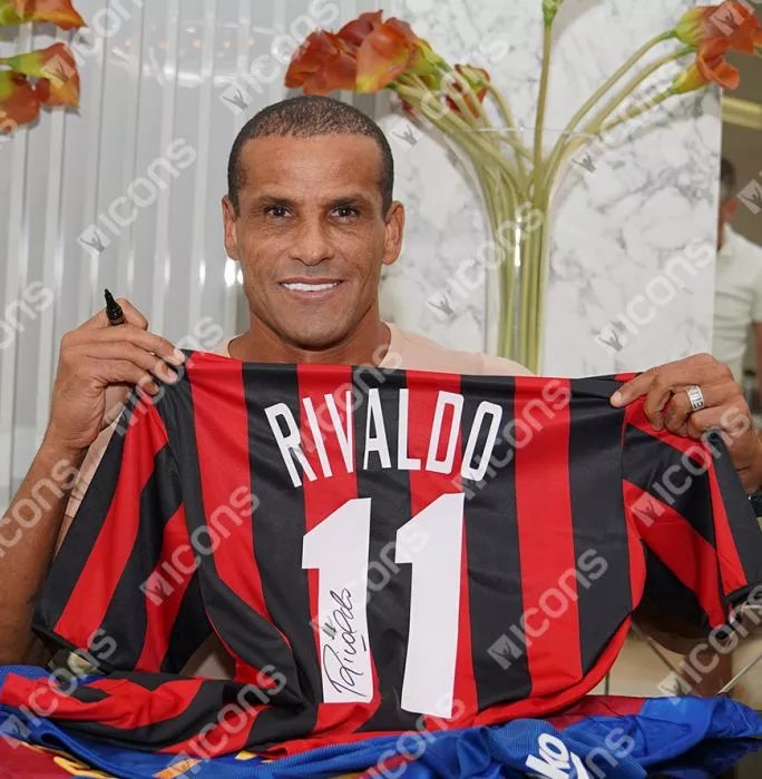 Icons Rivaldo Official AC Milan Back Signed And Framed Retro Home Shirt With Fan Style Numbers