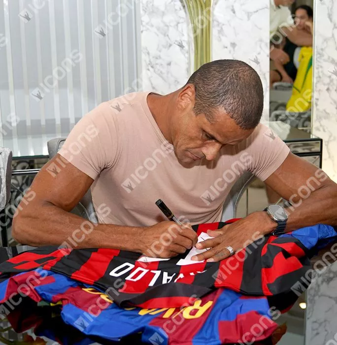 Icons Rivaldo Official AC Milan Back Signed And Framed Retro Home Shirt With Fan Style Numbers