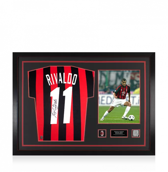 icons Rivaldo Official AC Milan Back Signed and Framed Retro Home Shirt with Fan Style Numbers