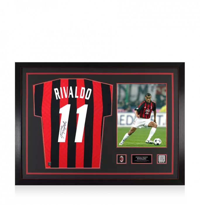 icons Rivaldo Official AC Milan Back Signed and Framed Retro Home Shirt