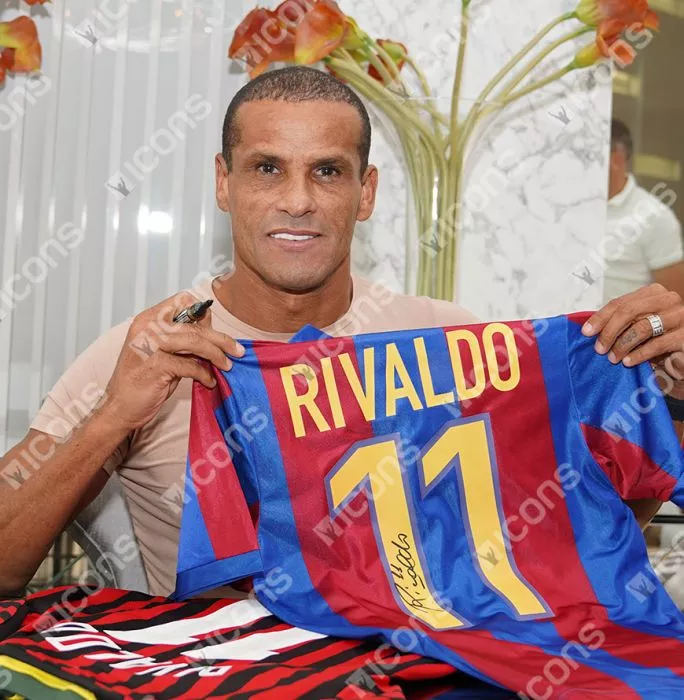 Icons Rivaldo Official Ballon D'Or™ Back Signed And Hero Framed Retro FC Barcelona Home Shirt