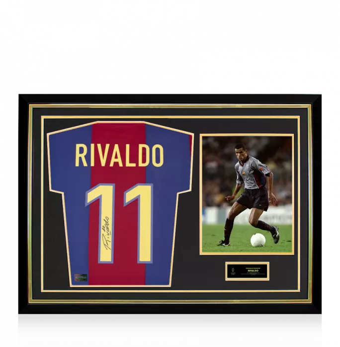 icons Rivaldo Official Ballon d'Or™ Back Signed and Hero Framed FC Barcelona 1998-99 Home Shirt
