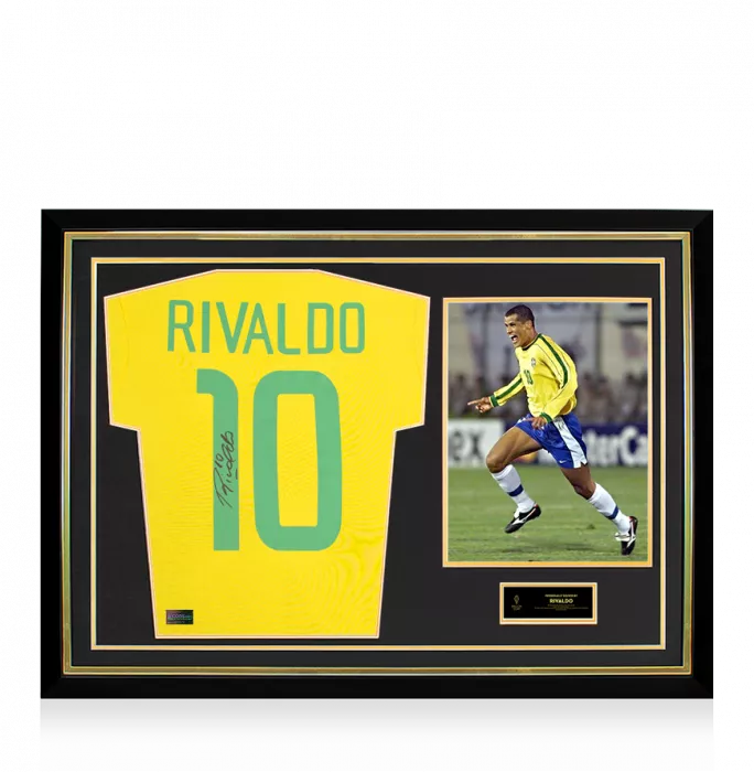 icons Rivaldo Official Ballon d'Or™ Back Signed and Hero Framed Brazil Retro Home Shirt
