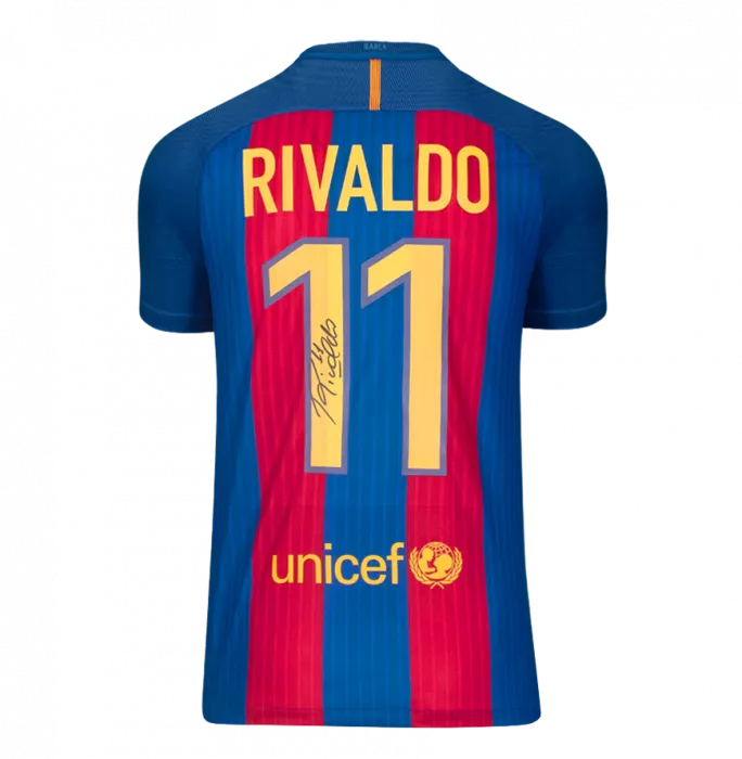 Icons Rivaldo Official Ballon D'Or™ Back Signed And Hero Framed Modern FC Barcelona Home Shirt