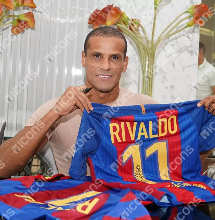 Icons Rivaldo Official Ballon D'Or™ Back Signed And Hero Framed Modern FC Barcelona Home Shirt