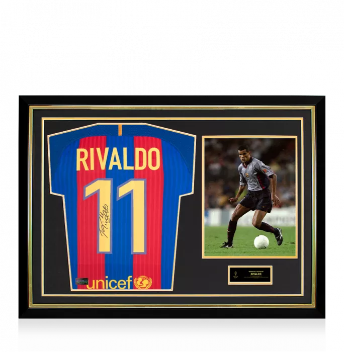icons Rivaldo Official Ballon d'Or™ Back Signed and Hero Framed Modern FC Barcelona Home Shirt