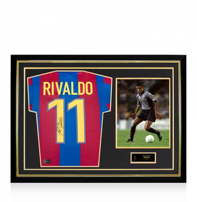 icons Rivaldo Official Ballon d'Or™ Back Signed and Hero Framed Retro FC Barcelona Home Shirt