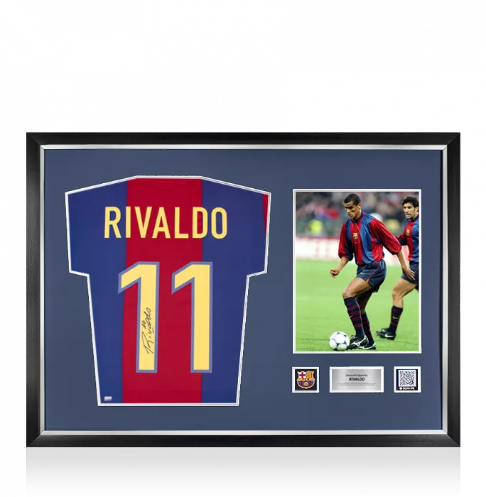 icons Rivaldo Official FC Barcelona Back Signed and Framed 1998-99 Home Shirt