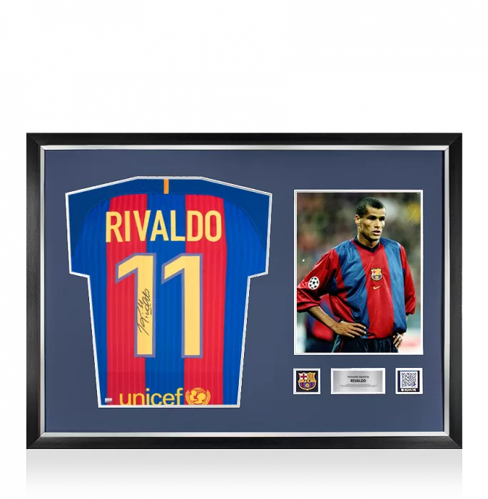 icons Rivaldo Official FC Barcelona Back Signed and Framed Modern FC Barcelona Home Shirt