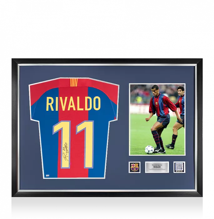 icons Rivaldo Official FC Barcelona Back Signed and Framed Retro Home Shirt With Fan Style Numbers