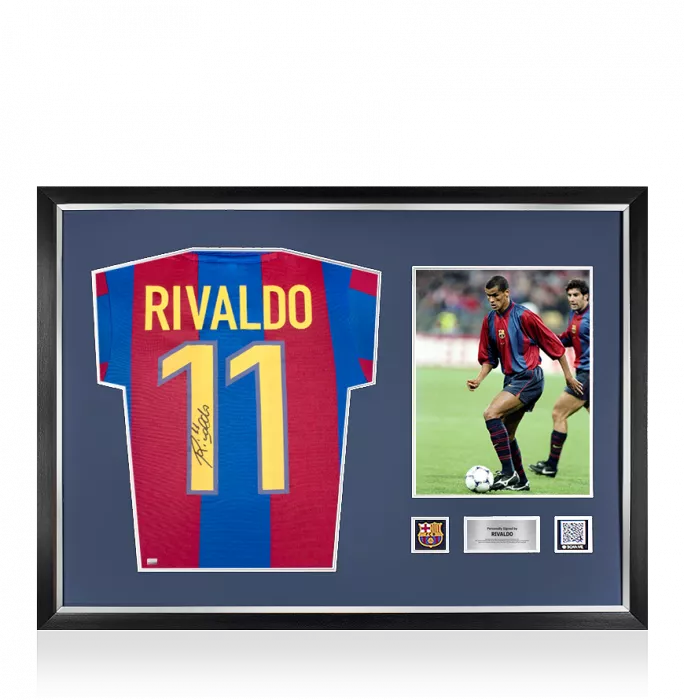 icons Rivaldo Official FC Barcelona Back Signed and Framed Retro FC Barcelona Home Shirt