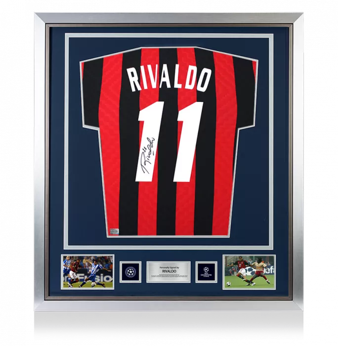 icons Rivaldo Official UEFA Champions League Back Signed and Framed AC Milan Retro Home Shirt