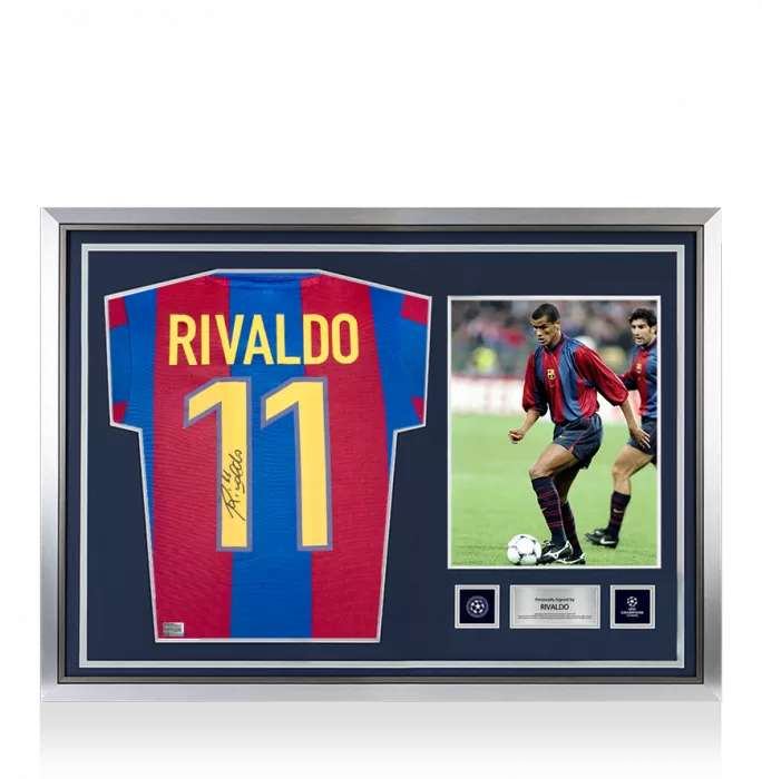 icons Rivaldo Official UEFA Champions League Back Signed and Hero Framed Retro FC Barcelona Home Shirt