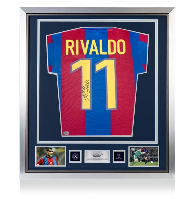 icons Rivaldo Official UEFA Champions League Back Signed and Framed Retro FC Barcelona Home Shirt