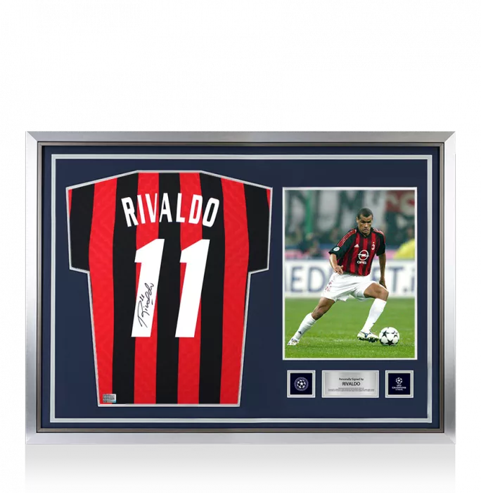 icons Rivaldo Official UEFA Champions League Back Signed and Hero Framed AC Milan Retro Home Shirt